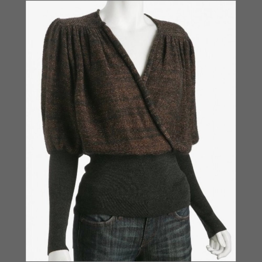 Glittery V-neck sweater S Brown Gray V-neck Faux wrap Merino wool blend Metallic